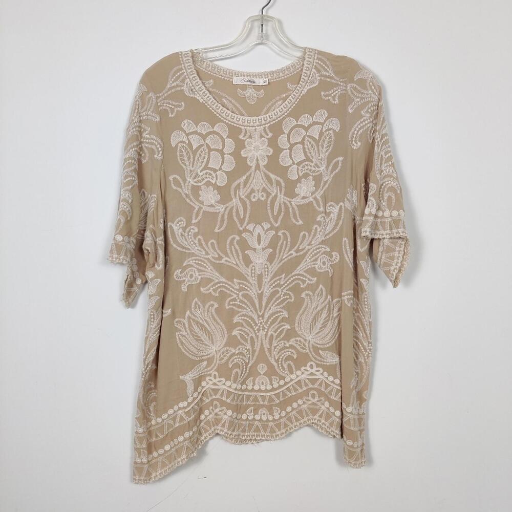 Solitaire Women's Embroidered Blouse in Tan Size 3X Floral Bohemian Boho Chic